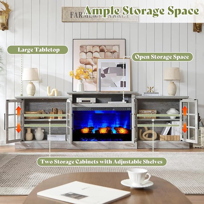 AMERLIFE 97" Farmhouse Fireplace TV Stand, Entertainment Center with Large Storage Space and Adjustable Shelf, Media Console for Living Room, Light Grey