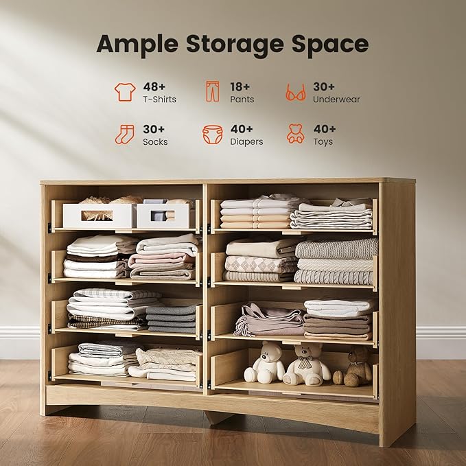 Amada Modern 8 Drawer Dresser, Fluted Wood Chest of Drawers with Rounded Corners, Pre-Installed Drawer Slides, Dresser TV Stand and Storage Organizer for Bedroom, Hallway, Natural Oak