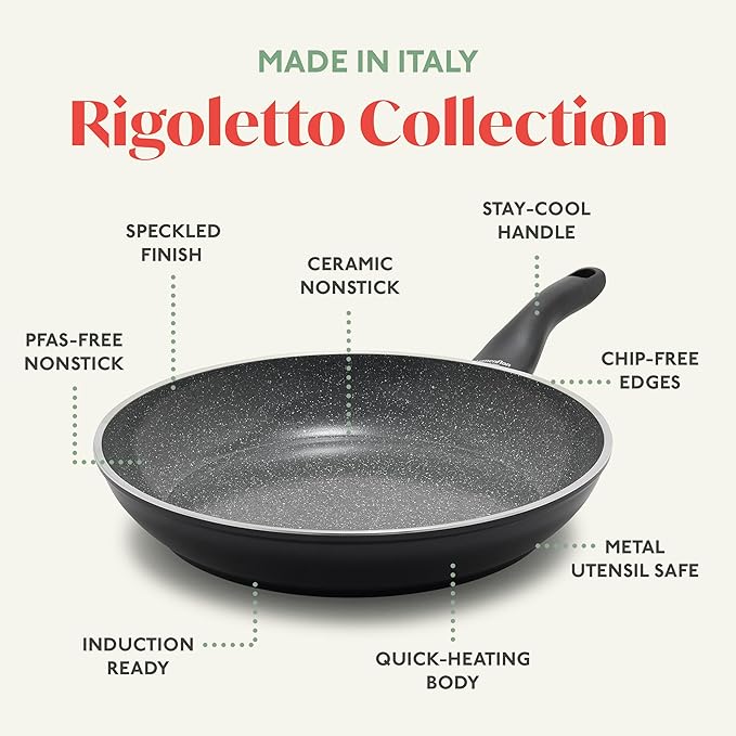 Rigoletto 11” Nonstick Frying Pan Skillet, Made in Italy, Vesuvio Layered Ceramic PFAS-Free Surface, Induction Ready, Dishwasher & Metal Utensil Safe, Granite Finish, Stay-Cool Handle, Black