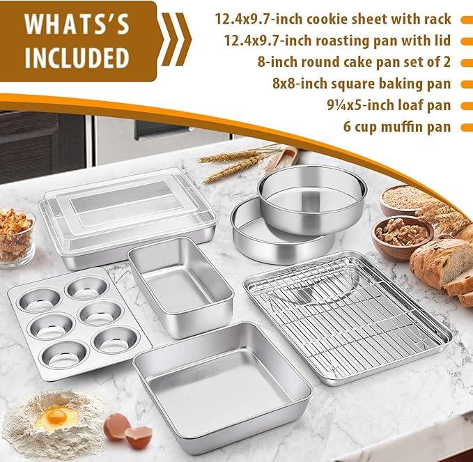E-far Stainless Steel Baking Pan Set, 9-Piece Bakeware Sets for Cake Cookie Loaf Muffin, Include Round, Square, Rectangle Baking Sheet Pan with Lid & Cooling Rack, Dishwasher Safe