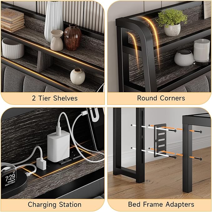 Ergonomic Headboard for King Size Bed with 2-Tier Storage, Upholstered Headboards with Outlets, USB Ports, LED Light, King Head Board Only, Height Adjustable, Sturdy and Stable, Black & Grey