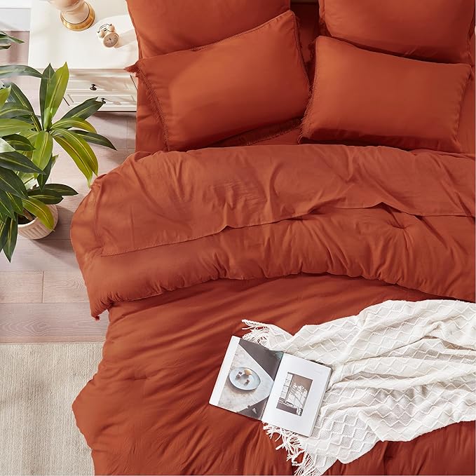 Andency Full Size Comforter Set Burnt Orange -7 Pieces Boho Tassel Bed in a Bag Soft Lightweight Bedding Sets, Terracotta Rust Fringe All Season Bed Set with Comforter, Sheets, Pillowcases & Shams