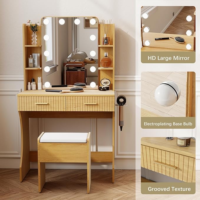 Small Vanity Desk with Mirror and Lights, Makeup Vanity Desk with 3 Color Modes Adjustable Bulb, 2 Large Drawers and 4 Open Storage Shelves, Natural Vanity with Charging Station for Bedroom