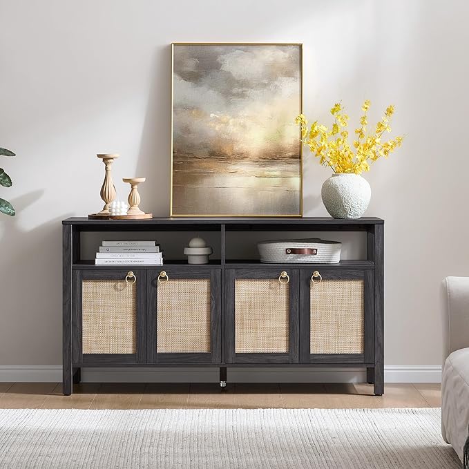 SICOTAS Rattan TV Stand for Television up to 120 Inch - Large Entertainment Center with Storage and Open Shelves, Boho Media TV Console Cabinet with Doors and Adjustable Shelf for Living Room