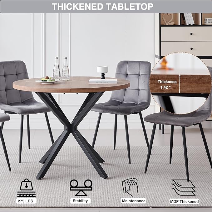 39" Round Dining Table Set for 4, Mid Century Kitchen Table with 4 Velvet Dining Chairs for Apartment Living Room Space Saving