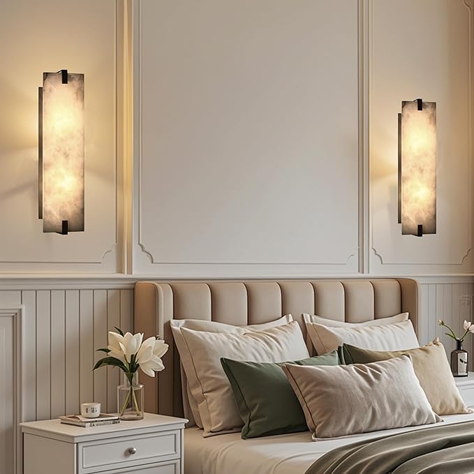 2 Pack 2 Light 20.7" Natural Square Alabaster Marble Bathroom Wall Sconce Modern Concise Style Wall Light Fixture,Black Finish for Bedroom Hallway Bedside