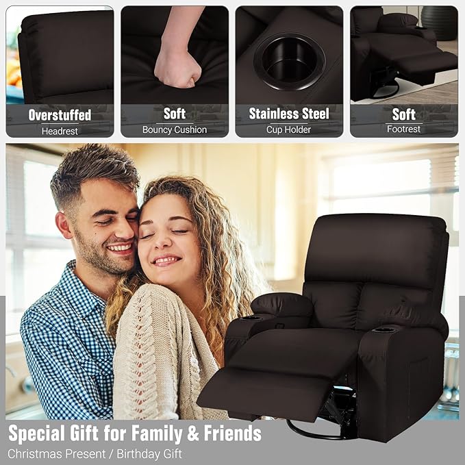 LEVELEVE Rocking Recliner Chair, Massage Rocker Recliner Chair with Vibration Massage and Heat,360° Swivel Recliner Chairs, Living Room, Bedroom, Nursery, RV, Brown