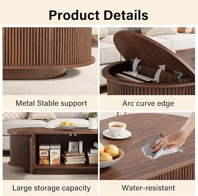 HSH Oval Coffee Table with Storage, 47” Modern Coffee Table with Press Type Door, Fluted Living Room Tables with 2 Flip-Top Hidden Lids, Wood Center Table for Living Room, Office,Walnut