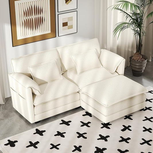 Real Relax 75.3'' Modular Sectional Sofa, Loveseat Corduroy Convertible Couch with Movable Ottoman 4 Pillows and 2 Armrest Pillows for Living Room, Office and Leisure Places, Beige