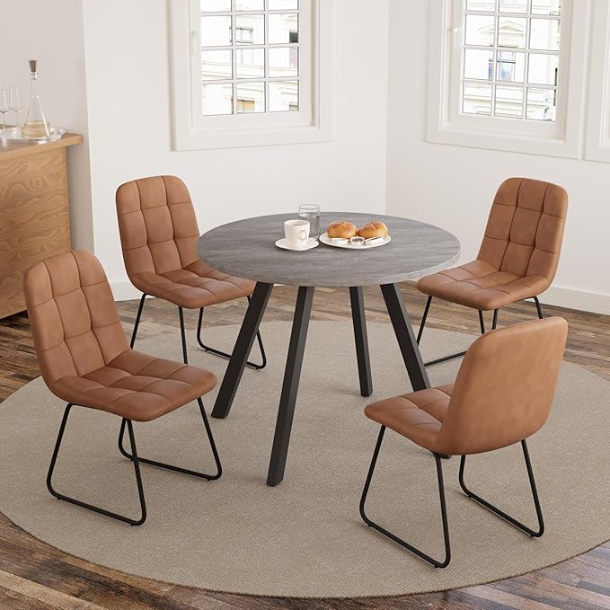 34.6'' Dining Table and Chairs for 4, Mid Century Modern Round Table Set, Space Saving for Apartment Kitchen Dining Room (Grey Table+4 U-Shaped Brown Chairs)