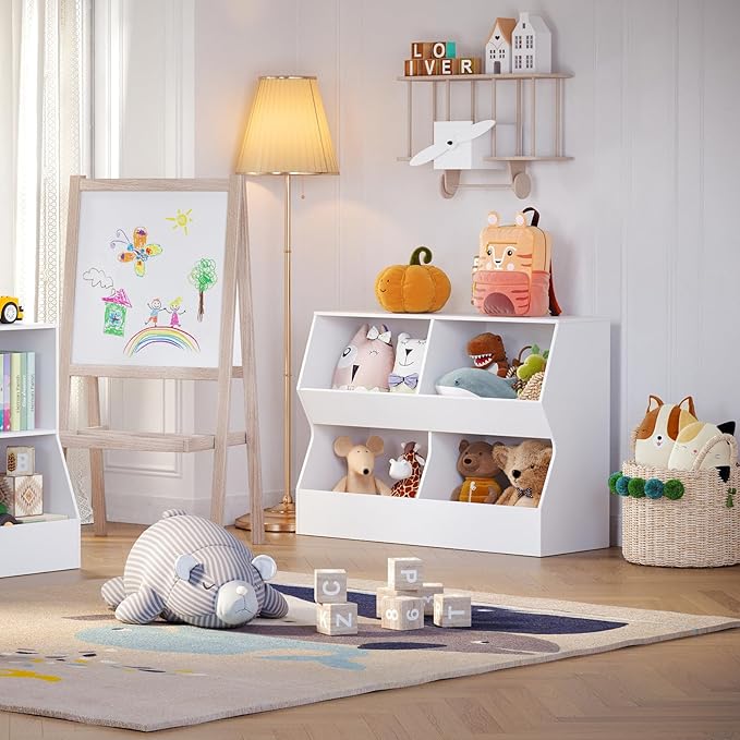 DINZI LVJ Kids Bookshelf, Toy Storage Organizer, Wooden Toy Cabinet, 4 Cubby Children Bookcase, 39.4" L Toddler Book Shelf for Bedroom, Nursery, Hallway, School, White
