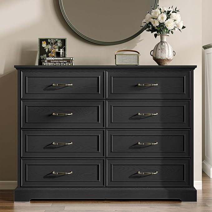Farmhouse 8 Drawers Dresser for Bedroom, 48" Wide Modern Chest of Drawers with Deep Drawers & Bar Handles, Rustic Wood Dresser TV Stand, Wooden Closet Storage Organizer for Living Room, Hallway, Black