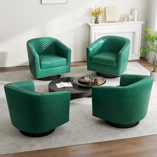 Swivel Barrel Accent Chair, Comfy Modern Upholstered Round Faux Leather Arm Chair for Living Room, Bedroom（Green, Set of 4