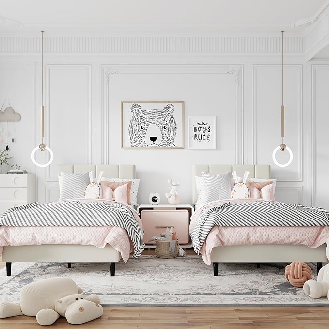 Twin Size Bed Frame, Platform Bed Frame with Velvet Upholstered Headboard, Twin Upholstered Mattress Foundation with Strong Wooden Slats, No Box Spring Needed, Noise Free, Easy Assembly