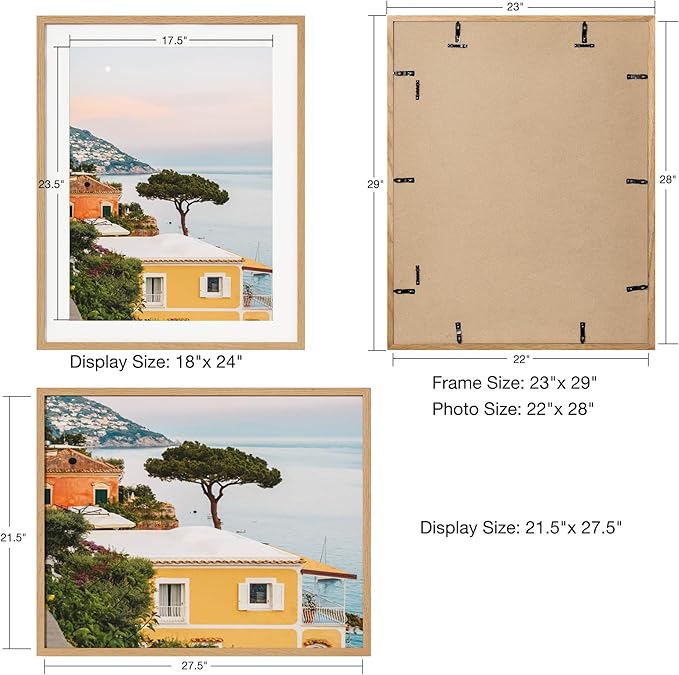 Axeman 22x28 Picture Frame with Mat for 18x24, Solid Oak Wood Poster Frame with Tempered Glass, Wooden 22''x28'' Minimalist Photo Frame Puzzle Frame with Wall Hooks for Art Photo and Prints, Natural
