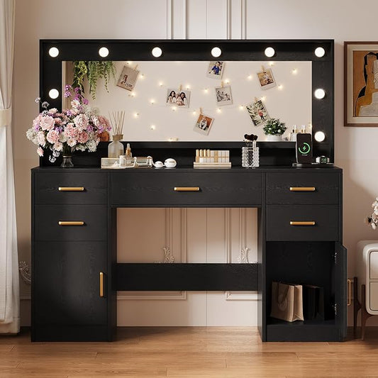 44.8" Large Vanity Desk with Lighted Mirror & Power Outlet, Black Makeup Vanity Desk with Mirror and Lights, Black Vanity Table with 5 Drawers and 2 Cabinets, Dressing Table for Bedroom