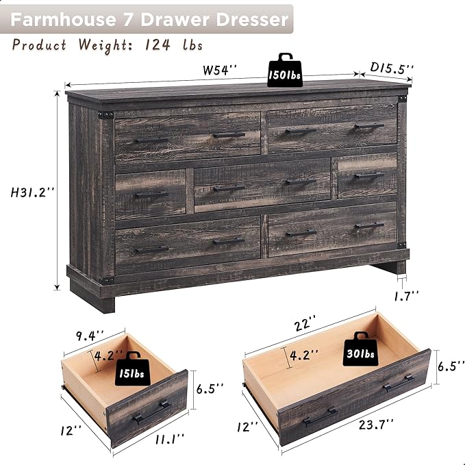 T4TREAM Farmhouse 7 Drawers Dresser for Bedroom, 54" Wide Wood Chest of Drawers w/Natural Texture & Metal Handle, Rustic Storage Dressers Organizer for Living Room, Hallway, Dark Rustic Oak