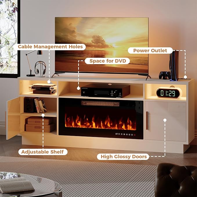 70'' TV Stand with Fireplace and Power Outlet-LED White Entertainment Center for 75+ inch TV- 27'' High TV Cabinet with Storage, High Glossy Door, Modern TV Console for Living Room