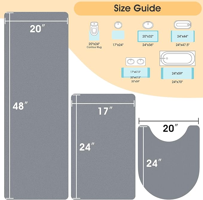 ACCUMTEK Ultra Thin Non-Slip Bath Mat Fit Under Door 3 Piece, Upgrade Backing Non Slip Bath Mat, Quick Dry Ultra Absorbent Bathroom Rugs, Machine Washable Bath Mats for Bathroom, Bathtub & Kitchen