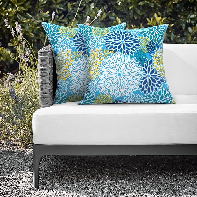 Outdoor Throw Pillows 16x16 Inch, Water Repellent Patio Pillows with Inners Set of 2, Outdoor Pillows for Patio Furniture Home Garden, Dahlia Blue