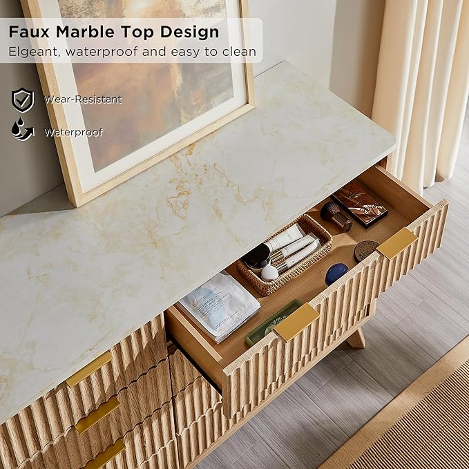 T4TREAM Fluted 8 Drawers Dresser, 54" Wide Modern Chest of Drawers with Faux Marble Top, Curved Profile Design, Dresser TV Stand, Wood Drawer Organizer for Bedroom, Living Room, Hallway, Natural Oak