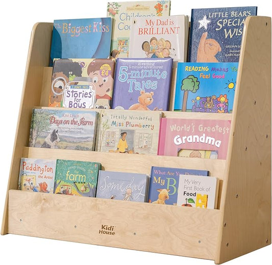 Wooden Kids Bookshelf, Montessori 4-Tier Toddler Bookcase, Birch Baby Single-Sided Book Shelf for Kids Rooms, Nursery, Bedrooms, Study Rooms