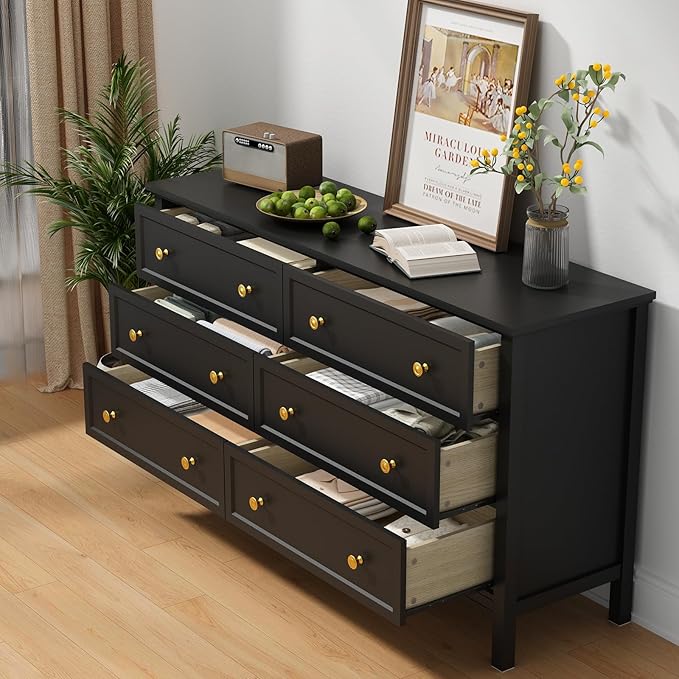 CARPETNAL Black Dresser for Bedroom, 6 Drawer Dresser with Wide Drawer and Metal Handles, 55" Black and Gold Dresser, Wood Dressers & Chests of Drawers for Hallway, Entryway.
