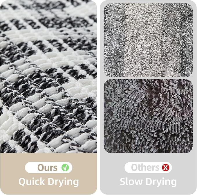 Waffle Runner Rug Bathroom, Long Boho Bathroom Rugs Non Slip Washable Absorbent Checkered Bathroom Mat Quick Dry Farmhouse Bath Mat, 60"x24" Black and White