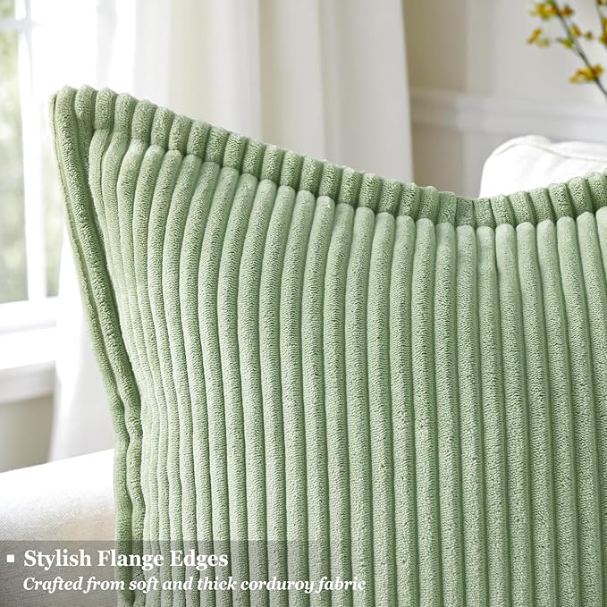 decorUhome Corduroy Sage Green Throw Pillow Covers 20x20 Set of 2 Decorative Soft Boho Striped Neutral Euro Farmhouse Couch Pillow Covers with Broadside for Living Room Bed Sofa