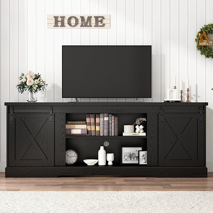 Farmhouse TV Stand for 70/75/80 Inch TV, 70 inch Entertainment Center Storage Cabinets with Sliding Barn Doors, Media Console Cabinet for Living Room, Black