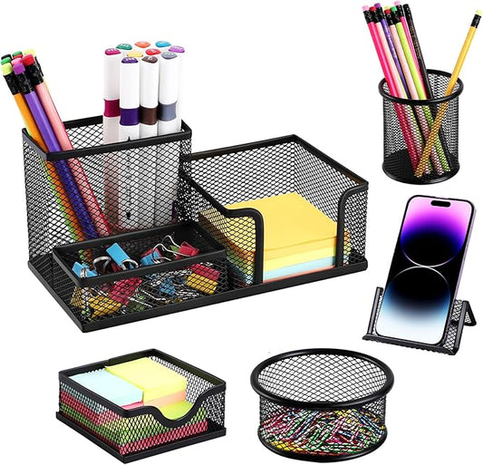Mesh Pen Holder for Desk Pencil Holders 5 Pieces Desk Organizer Office Supplies Caddy with Sticky Notes Holder for Office School Home Black