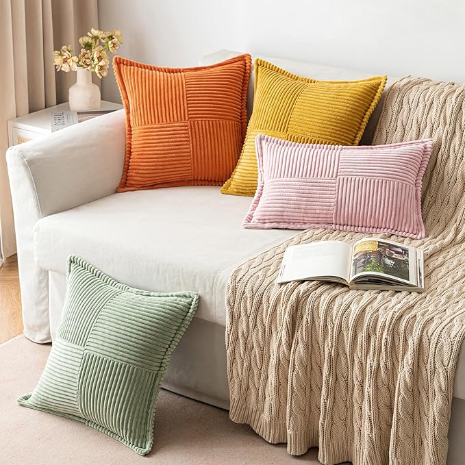 MIULEE Decorative Lumbar Throw Pillow Covers for Couch Bed Livingroom 12x20 Inch Set of 2 Pink Boho Accent Throw Pllows Broadside Striped Patchwork Soft Corduroy Pillowcases