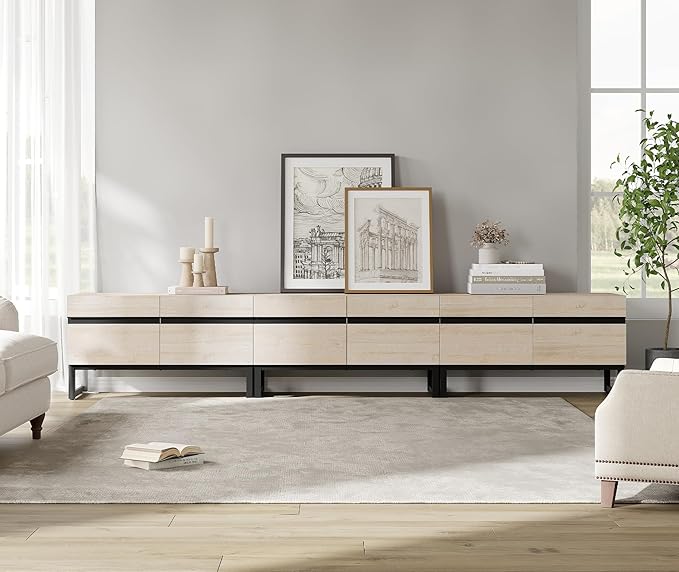 WAMPAT Modern TV Stand for TVs up to 110 inch, 3 in 1 Entertainment Center TV Console with Storage Cabinets and Metal Base,Media Console for Living Room,Light Oak