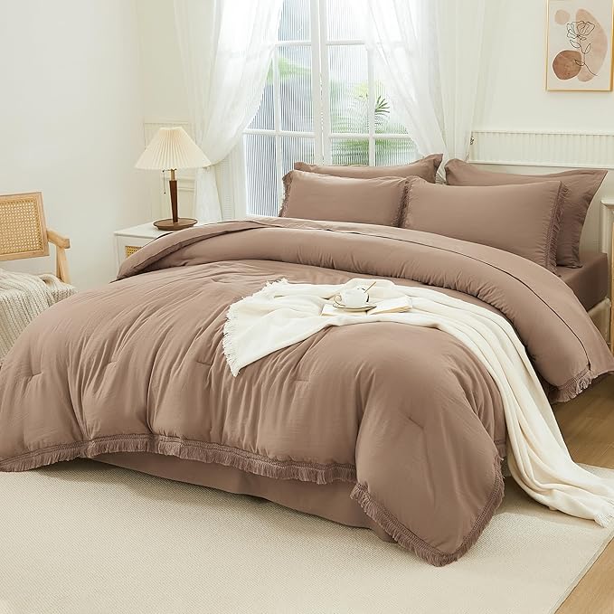 Andency Taupe Full Size Comforter Set with Sheets - 7 Pieces Boho Tassel Bed in a Bag Soft Lightweight Bedding Sets, Taupe Fringe Bed Set with Comforter, Sheets, Pillowcases & Shams