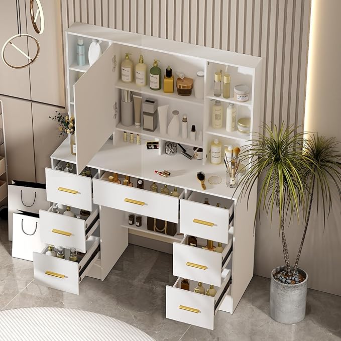 Vanity Desk with Mirror and 3 Color LED Light, Large Tabletop 7 Drawers, 8 Open Storage Shelves, 2 Hiding Shelves Makeup Table, Vanity Dressing Table for Girls and Women,100 * 40 * 140cm