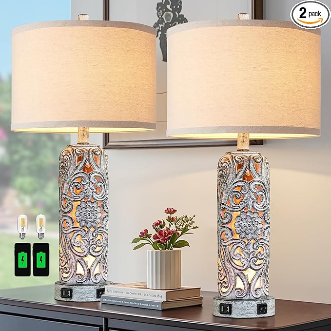 25'' Set of 2 Farmhouse Table Lamps with 2 USB Ports for Living Room Bedroom, Rustic Vintage Table Lamp with Nightlight, Earthy Yellow Hollow Out Resin Lamp for End Table, 2 Bulbs Included