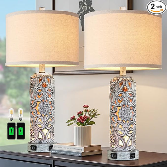 25'' Set of 2 Farmhouse Table Lamps with 2 USB Ports for Living Room Bedroom, Rustic Vintage Table Lamp with Nightlight, Earthy Yellow Hollow Out Resin Lamp for End Table, 2 Bulbs Included