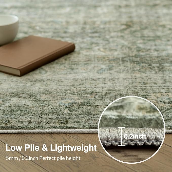 FMFUNCTEX 5x7 Washable Area Rug Green Neutral Vintage Distressed Non Slip Low Pile Traditional Indoor Carpet for Living Room Bedroom Soft Retro Mat Throw Rug for Dining Office Kitchen Dorm Entryway