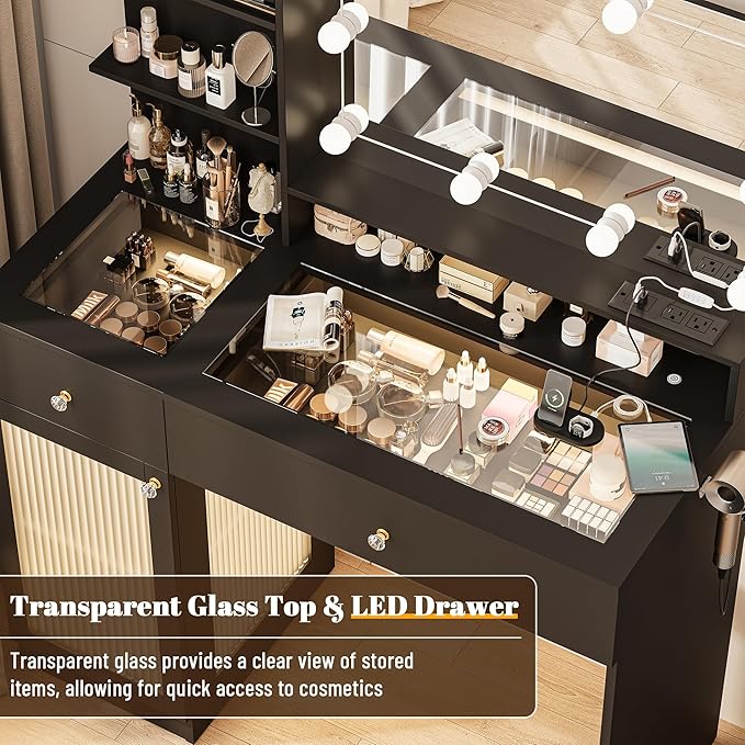 40" Vanity Desk with Large Mirror and Lights, Modern Glass Top Makeup Vanity Set with Power Outlet, Drawers and Cabinet, 3 Lighting Color Adjustable Dressing Table for Bedroom, Black