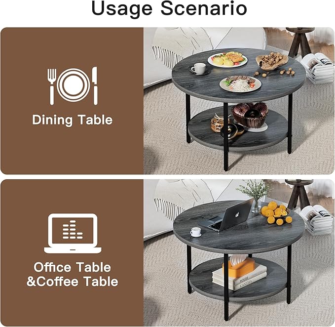 Coffee Table, 2 Tier Coffee Tables for Living Room, Round Coffee Table with Storage, Floor Table for Bedroom, Home Office, Grey (27.6" D x 17.7" H)