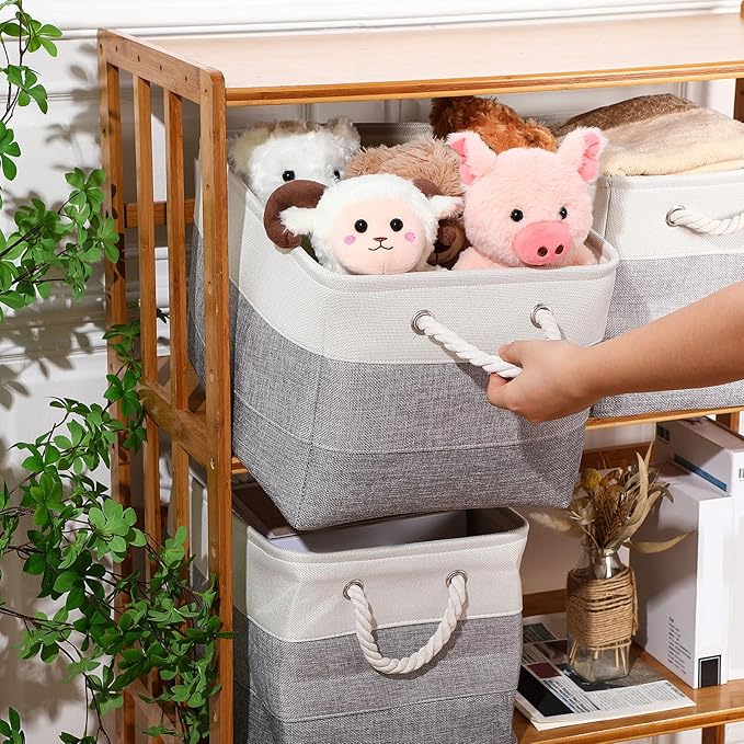 meekoo 8 Pack Collapsible Storage Bins Fabric Storage Bins Polyester Fabric Baskets with Handles Linen Closet Organizer for Shelf Home Closet Towels Toys(15 x 11 x 9.5 in,Mixed Gray)