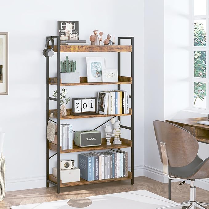HCHQHS 5 Tier Bookshelf, Adjustable Industrial Bookcase, Vertical Tall Book Shelf, Wood and Black Metal Open Bookshelves for Home Office, Living Room, Bedroom