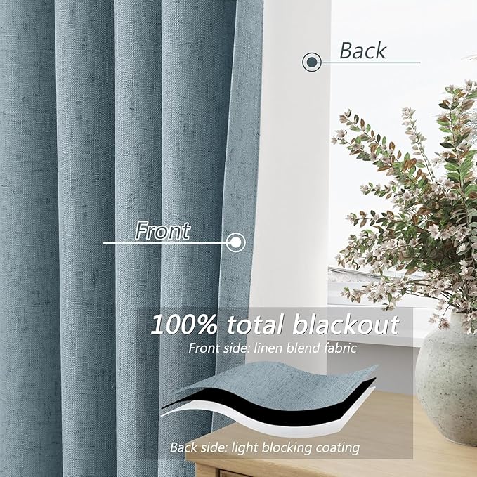 Guken Blue Linen Blackout Curtains 94 Inch Length 2 Panels Set for Living Room Bedroom Back Tab Thermal Insulated 100% Black Out Linen Drapes Room Darkening Window Curtains 94 Inches Long Dusty Blue
