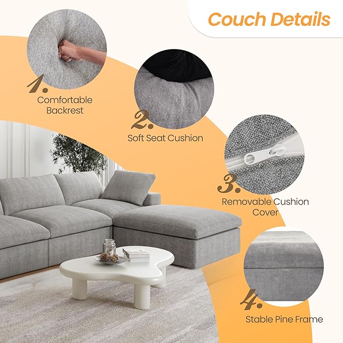 JACH U-Shaped Couches for Living Room, 6-Seats Modular Convertible Sectional Sofa Couch, Couch Cushion Covers Removable, Comfy Sofas with Chaise Ottomans for Apartment Bedroom Office (Grey)