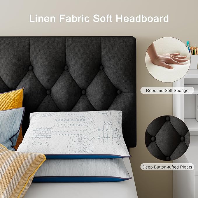 Twin Upholstered Bed Frame with Headboard, Button Tufted Linen Bed Base, Platform Bed with Wood Slat, Heavy Duty, Easy Assembly, No Box Spring Needed, Black