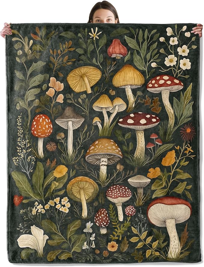 Whimsical Mushroom Blanket, Cozy Flannel Colorful Fungi & Wildflowers Throw Blanket for Couch Outdoor, Plush Soft Lightweight Travel Blankets for Bed Decor and Gifts, for Women Adults 60"x80"