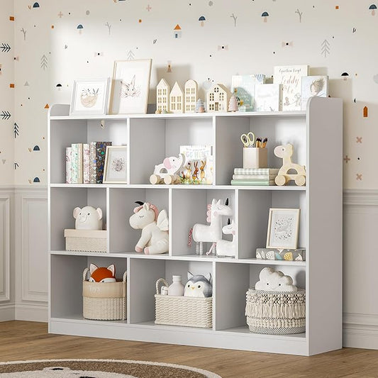 White Bookshelf, Wood Bookcase with 3 Tier Open Shelves, 10-Cube Minimalist Storage Shelf for Living Room, Bedroom, 43.3" W x 35.4" H