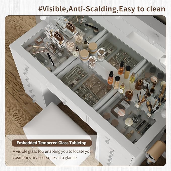 15 Drawers Makeup Vanity with Charging Station, Vanity Desk with 12 LED Bulbs and HD Mirror, 3 Color Brightness Adjustable, Vanity Set for Bedroom, White