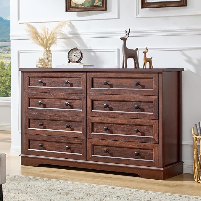 LIDYUK 8 Drawer Cherry Wood Dresser for Bedroom Farmhouse Dresser Chest of Drawers, 55" Wide Clothes Organizer Wood Chest of Drawers for Bedroom, Living Room