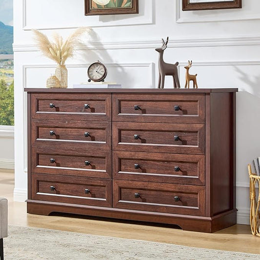 LIDYUK 8 Drawer Cherry Wood Dresser for Bedroom Farmhouse Dresser Chest of Drawers, 55" Wide Clothes Organizer Wood Chest of Drawers for Bedroom, Living Room